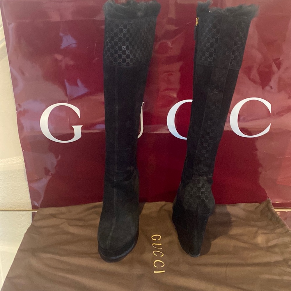 GUC GUCCI rabbit fur cuff knee boots